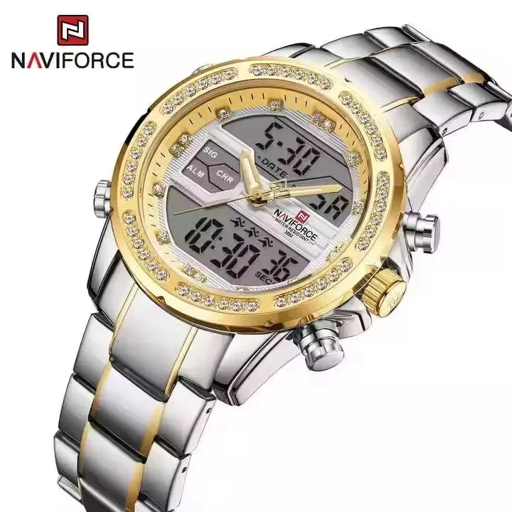 NAVIFORC Hot Sellers Waterproof Luxury Men Dual Display Gold Diamond Watches Stainless Steel Chronograph Sport Watches for Male