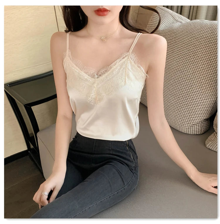 Summer with Lace Silk Top Cami for Women Spaghetti Strap Top Tank Ladies Tops White Camis Basic Tops Women 2023 Summer Fashion