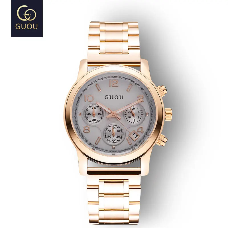 GUOU Ladies Watch Japanese Movement Multi-Function Calendar Steel Band Quartz Waterproof Women's Watch Birthday Gift