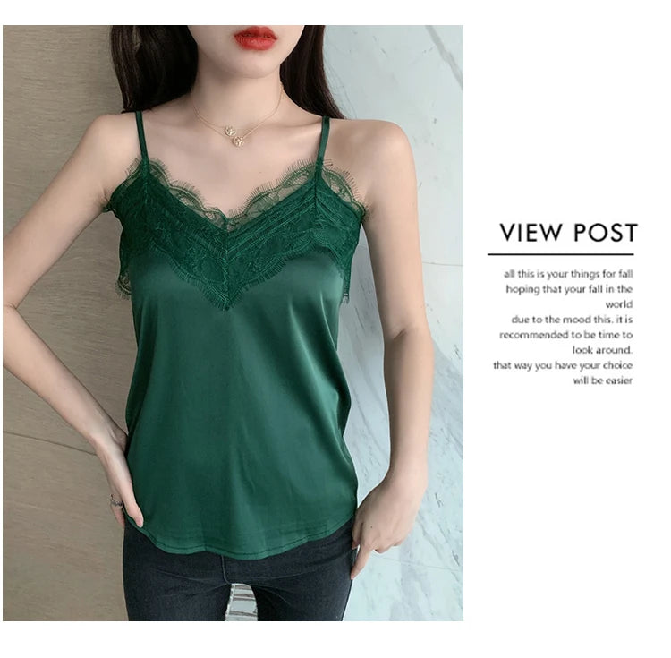 Summer with Lace Silk Top Cami for Women Spaghetti Strap Top Tank Ladies Tops White Camis Basic Tops Women 2023 Summer Fashion