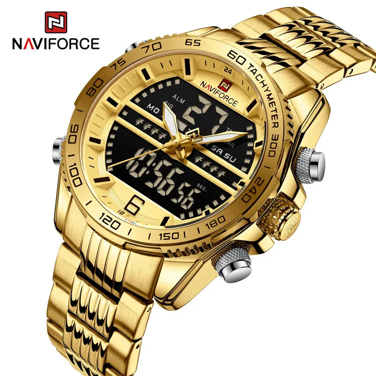 NAVIFORCE 9195S Mens Multi Function Waterproof Sports Watch Fashion Stainless Steel Chain Analog LED Watch