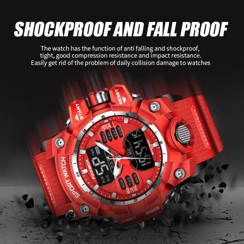 LIGE FB0029 Men Sport Digital Chronograph Alarm Watch with Big Red Dial 5Bar Waterproof Luminous Stop Watch Wristwatch Sport Box