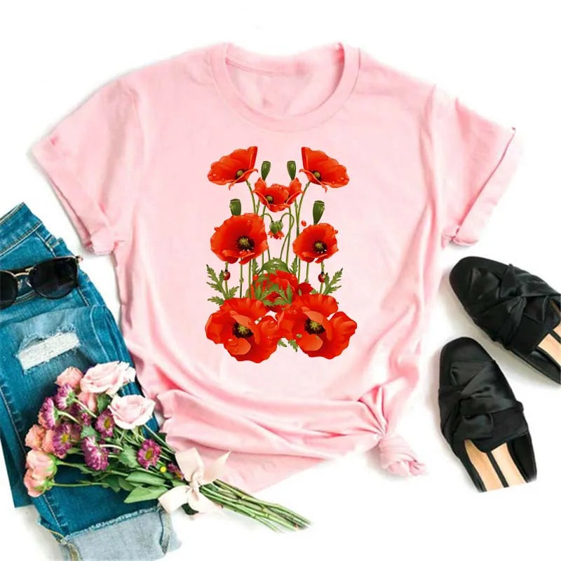 Fashion Red Poppy Women T Shirt Funny Black Printed Tops Tee Female Short Sleeve Tshirt Harajuku Tee Shirts 90s Girls T-shirts