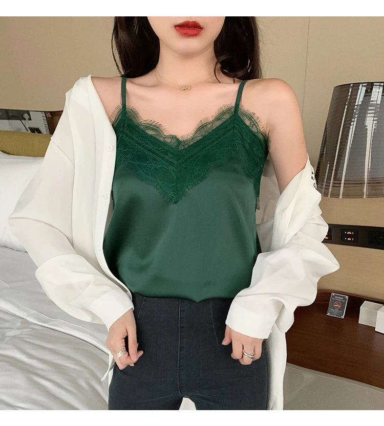 Summer with Lace Silk Top Cami for Women Spaghetti Strap Top Tank Ladies Tops White Camis Basic Tops Women 2023 Summer Fashion