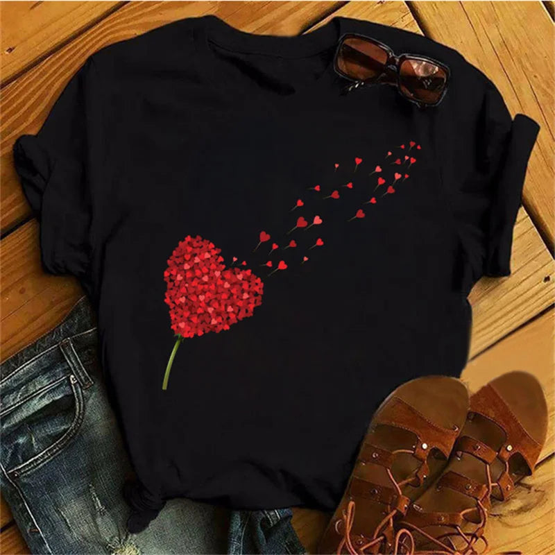 Fashion Red Poppy Women T Shirt Funny Black Printed Tops Tee Female Short Sleeve Tshirt Harajuku Tee Shirts 90s Girls T-shirts