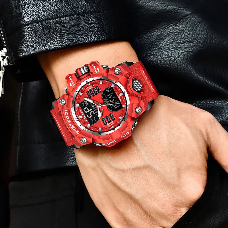 LIGE FB0029 Men Sport Digital Chronograph Alarm Watch with Big Red Dial 5Bar Waterproof Luminous Stop Watch Wristwatch Sport Box