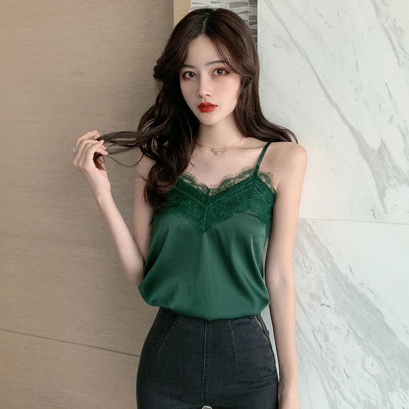 Summer with Lace Silk Top Cami for Women Spaghetti Strap Top Tank Ladies Tops White Camis Basic Tops Women 2023 Summer Fashion