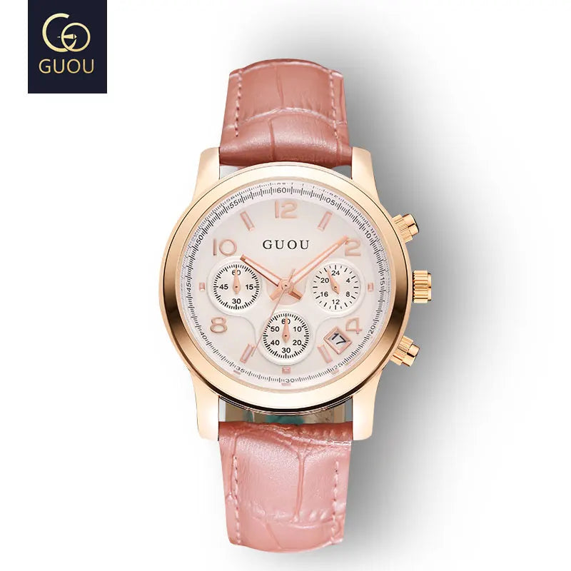 GUOU Ladies Watch Japanese Movement Multi-Function Calendar Steel Band Quartz Waterproof Women's Watch Birthday Gift
