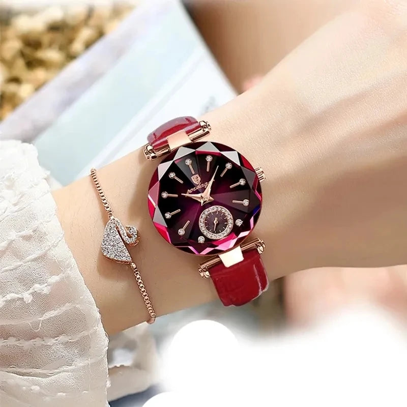 POEDAGAR 719 Women's Business Watch Quartz Leather Strap Starry Dial Luxury Diamond Watches for Women Fashion Lady Wristwatch