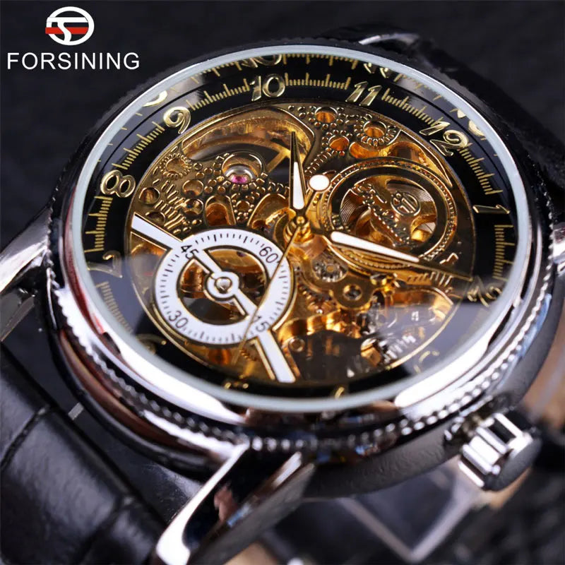 2023 Forsining Hollow Engraving  Casual Designer Black Golden Case Gear Bezel Watches Men Luxury Brand Automatic