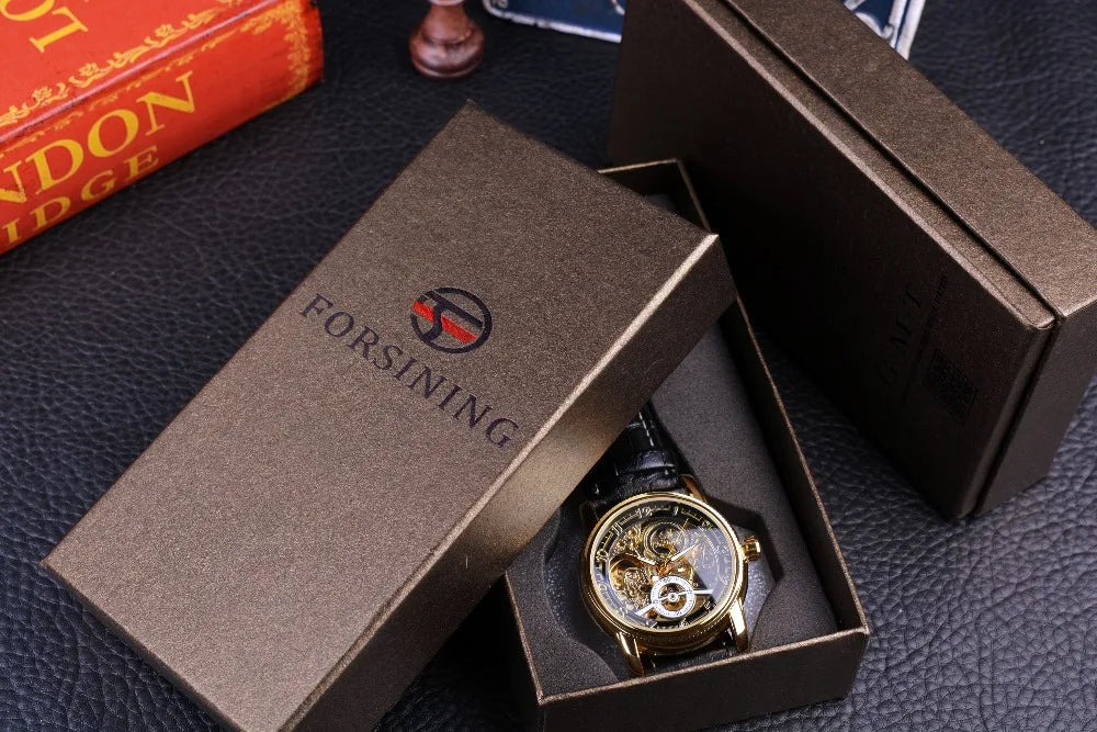 2023 Forsining Hollow Engraving  Casual Designer Black Golden Case Gear Bezel Watches Men Luxury Brand Automatic