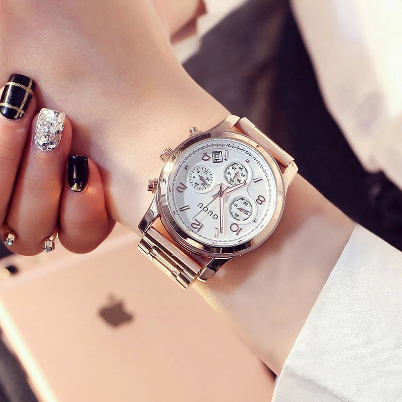 GUOU Ladies Watch Japanese Movement Multi-Function Calendar Steel Band Quartz Waterproof Women's Watch Birthday Gift