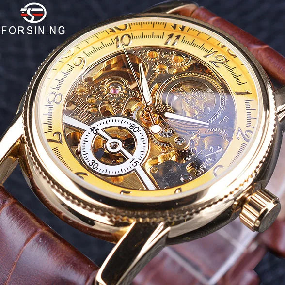 2023 Forsining Hollow Engraving  Casual Designer Black Golden Case Gear Bezel Watches Men Luxury Brand Automatic