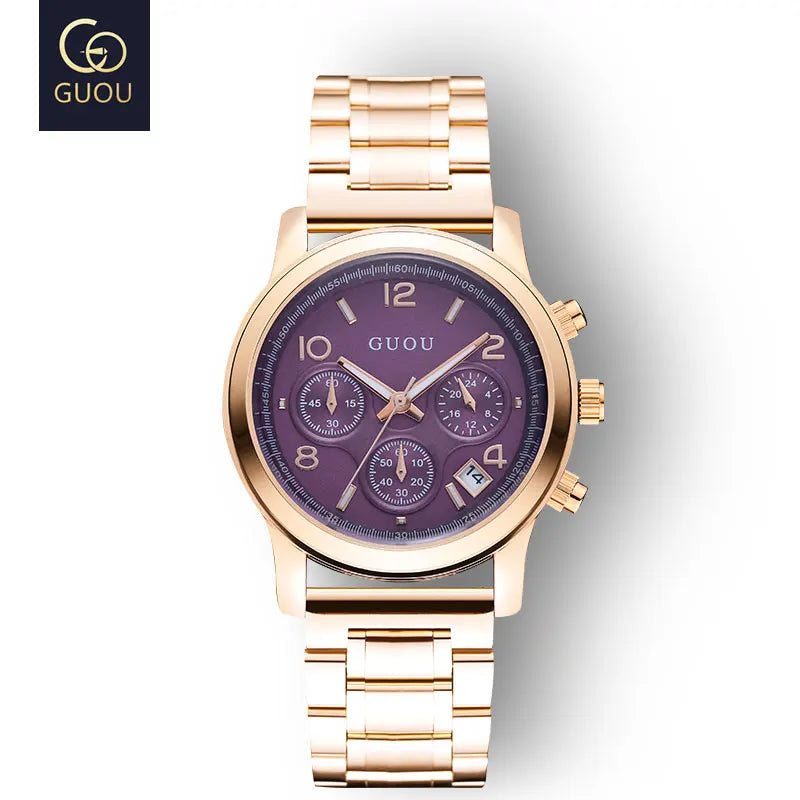 GUOU Ladies Watch Japanese Movement Multi-Function Calendar Steel Band Quartz Waterproof Women's Watch Birthday Gift