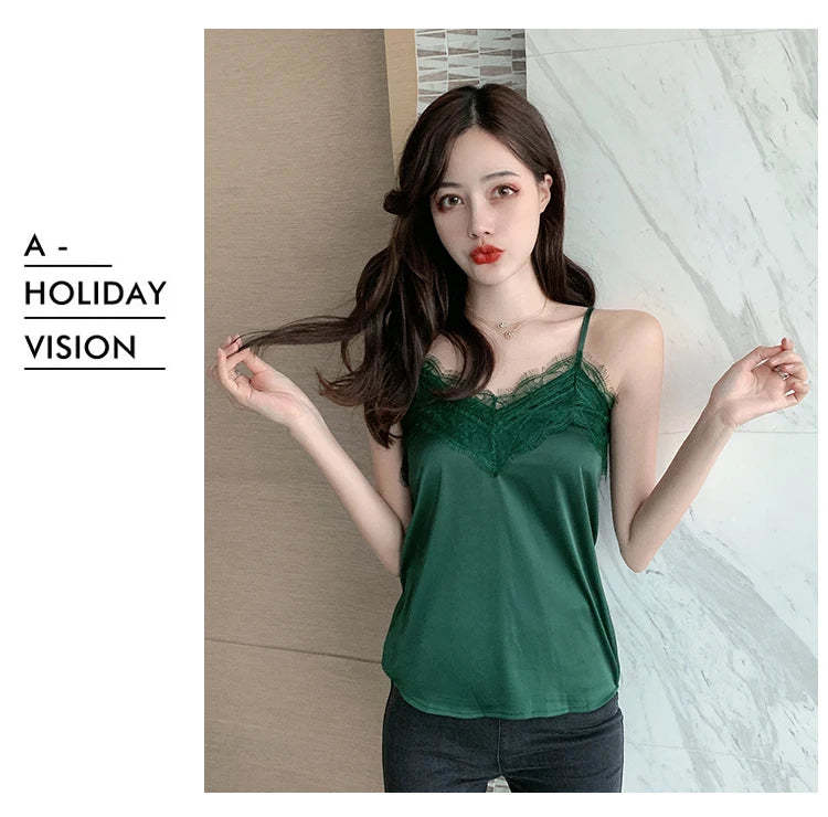 Summer with Lace Silk Top Cami for Women Spaghetti Strap Top Tank Ladies Tops White Camis Basic Tops Women 2023 Summer Fashion