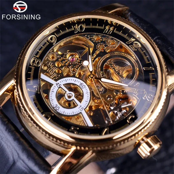2023 Forsining Hollow Engraving  Casual Designer Black Golden Case Gear Bezel Watches Men Luxury Brand Automatic