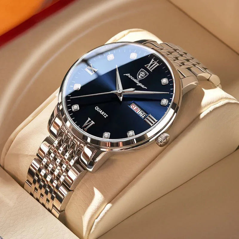POEDAGAR 856 Brand Men's Watch Waterproof Luminous Fashion Quartz Watches Stainless Steel Band Wristwatch