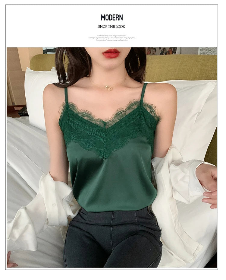 Summer with Lace Silk Top Cami for Women Spaghetti Strap Top Tank Ladies Tops White Camis Basic Tops Women 2023 Summer Fashion