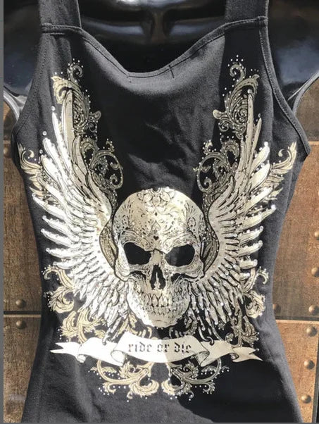 Skull Print Tank Top Women Summer New Sexy Tee Streetwear Round Neck Casual Loose Long Tops Black Fashion