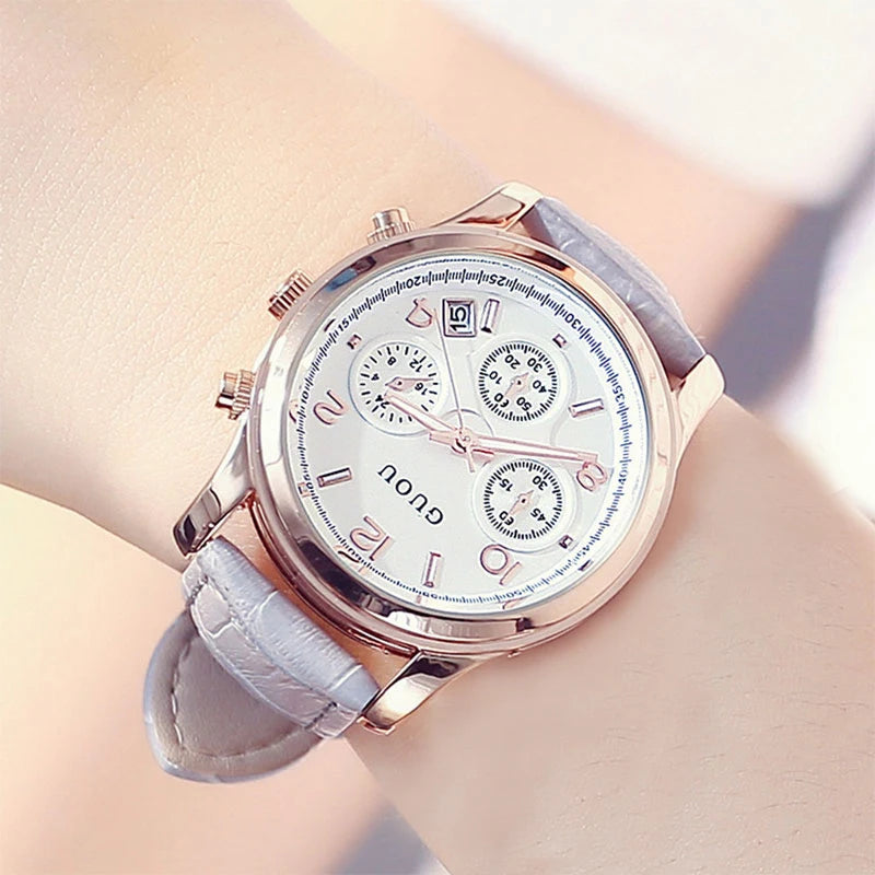 GUOU Ladies Watch Japanese Movement Multi-Function Calendar Steel Band Quartz Waterproof Women's Watch Birthday Gift