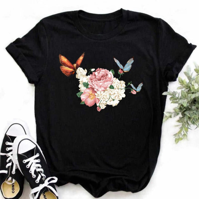 Fashion Red Poppy Women T Shirt Funny Black Printed Tops Tee Female Short Sleeve Tshirt Harajuku Tee Shirts 90s Girls T-shirts