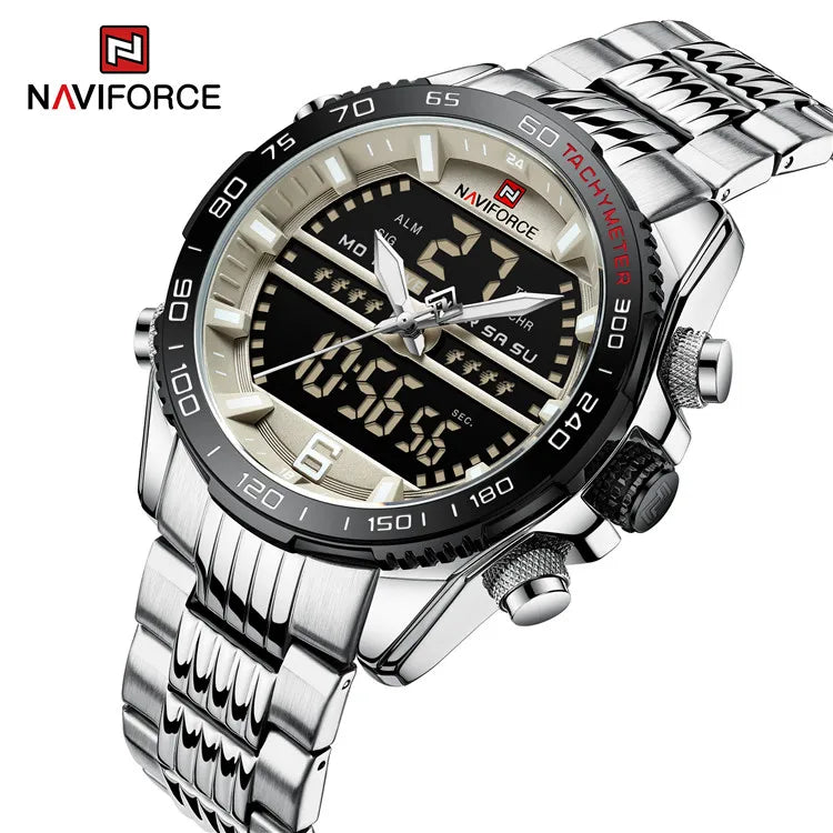 NAVIFORCE 9195S Mens Multi Function Waterproof Sports Watch Fashion Stainless Steel Chain Analog LED Watch