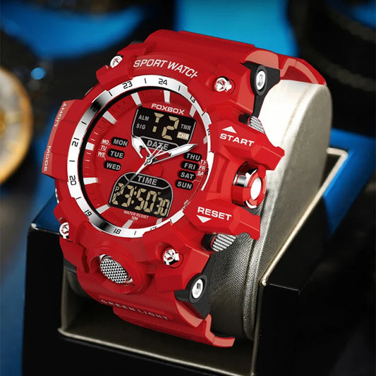 LIGE FB0029 Men Sport Digital Chronograph Alarm Watch with Big Red Dial 5Bar Waterproof Luminous Stop Watch Wristwatch Sport Box