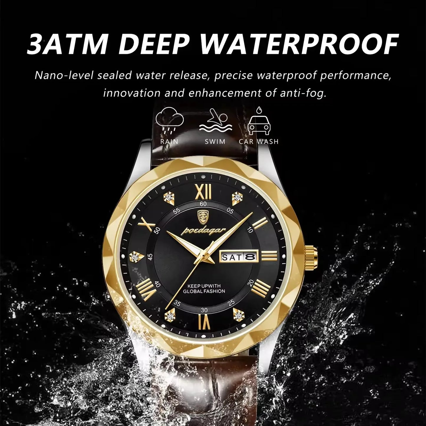 POEDAGAR 615 Business Man Wristwatch  Date Week Montre Homme Reloj Quartz Clock Leather Watch Waterproof Luminous Watch for Men