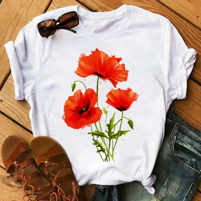 Fashion Red Poppy Women T Shirt Funny Black Printed Tops Tee Female Short Sleeve Tshirt Harajuku Tee Shirts 90s Girls T-shirts
