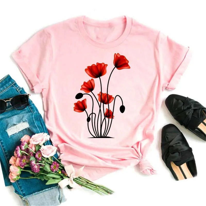 Fashion Red Poppy Women T Shirt Funny Black Printed Tops Tee Female Short Sleeve Tshirt Harajuku Tee Shirts 90s Girls T-shirts