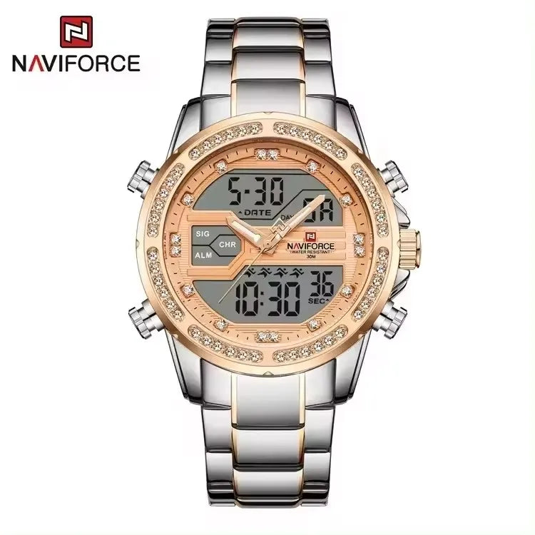 NAVIFORC Hot Sellers Waterproof Luxury Men Dual Display Gold Diamond Watches Stainless Steel Chronograph Sport Watches for Male