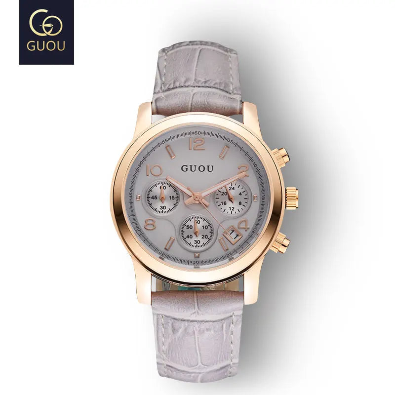 GUOU Ladies Watch Japanese Movement Multi-Function Calendar Steel Band Quartz Waterproof Women's Watch Birthday Gift