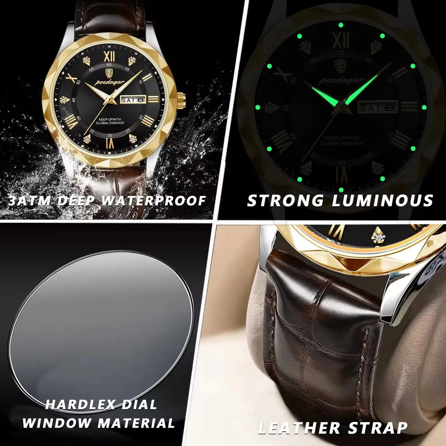 POEDAGAR 615 Business Man Wristwatch  Date Week Montre Homme Reloj Quartz Clock Leather Watch Waterproof Luminous Watch for Men