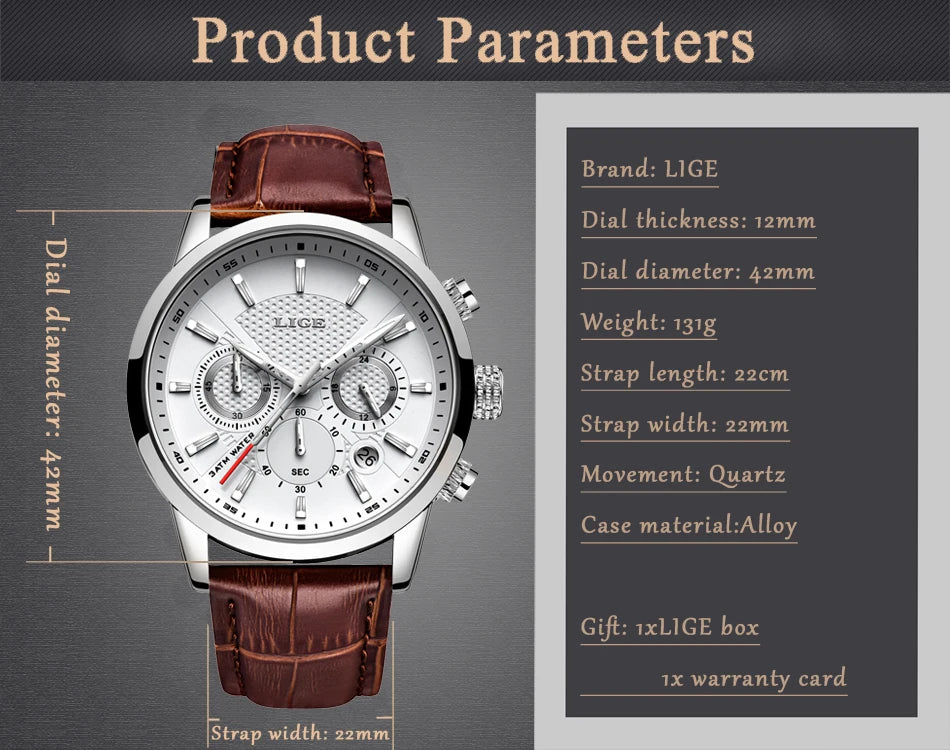 2025 LIGE Top Brand Luxury Casual Leather Quartz Men Watch Man Business Clock Male Sport Waterproof Date Chronograph Men Watches