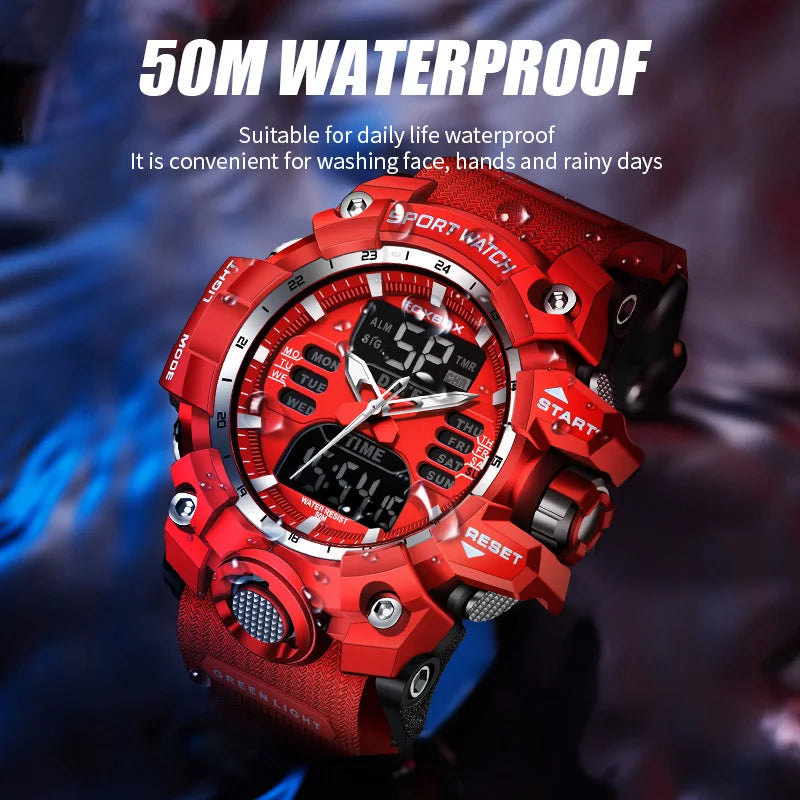 LIGE FB0029 Men Sport Digital Chronograph Alarm Watch with Big Red Dial 5Bar Waterproof Luminous Stop Watch Wristwatch Sport Box