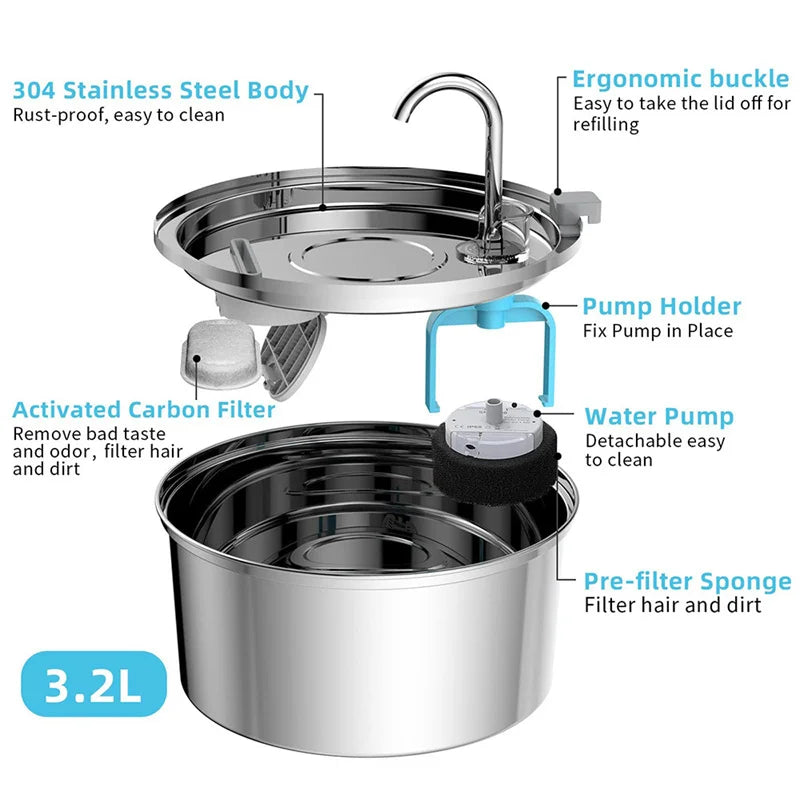 Cat Water Fountain 3.2L Upgraded Stainless Steel Pet Water Fountain Automatic Cat Drinking Water Bowl Dispenser