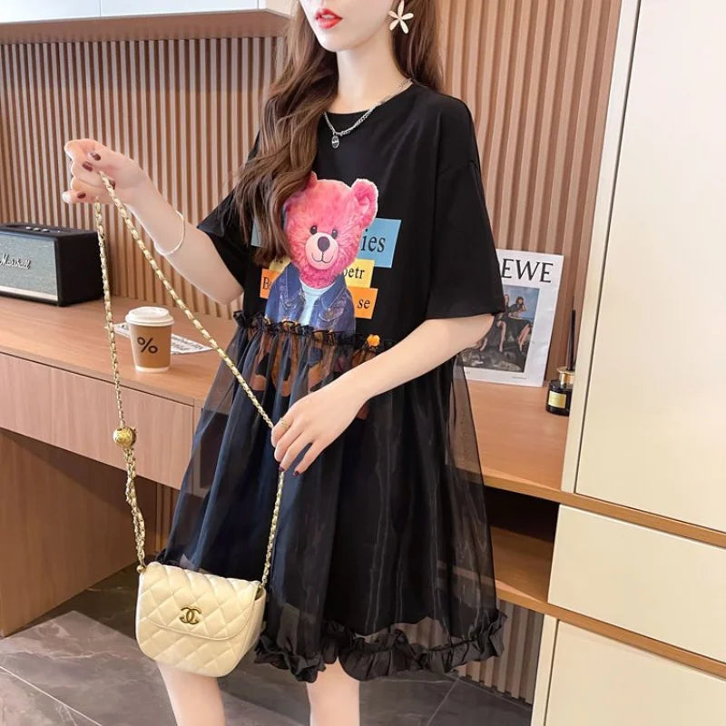 T Shirt Dress Woman Short Sleeve Summer Lace Clothing Women's Top Funny Fitted Slim Causal Long Graphic O Tall Kpop Cute Tees Xl