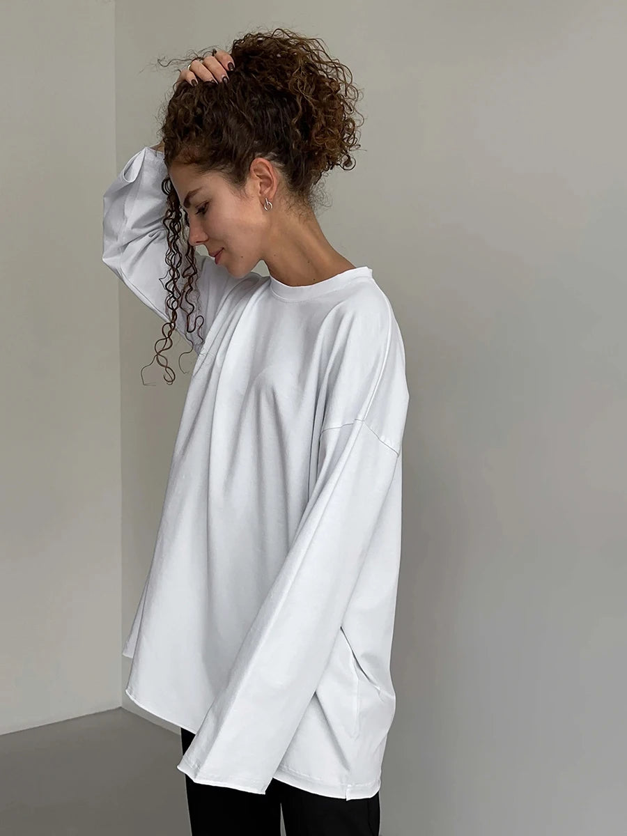 Bornladies Women Autumn 100% Cotton T-shirt Bottoming Spring Basic Fashionable Solid Lady Long Sleeve Loose Tops Shirts