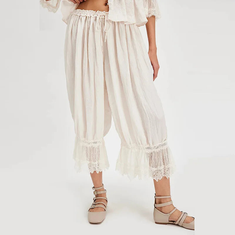 2025 Fashion Ruff Long Pants Women Casual Pleated Lace Lace Up Patchwork Straught Pants Lady Summer Chic Holiday Streetwear