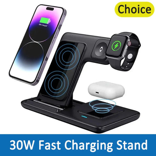 30W Foldable Fast Charging Dock Station 3 in 1 Wireless Charger Stand  For iPhone 16 15 14 13 12 11 X  iWatch 8 7 6  Airpods Pro