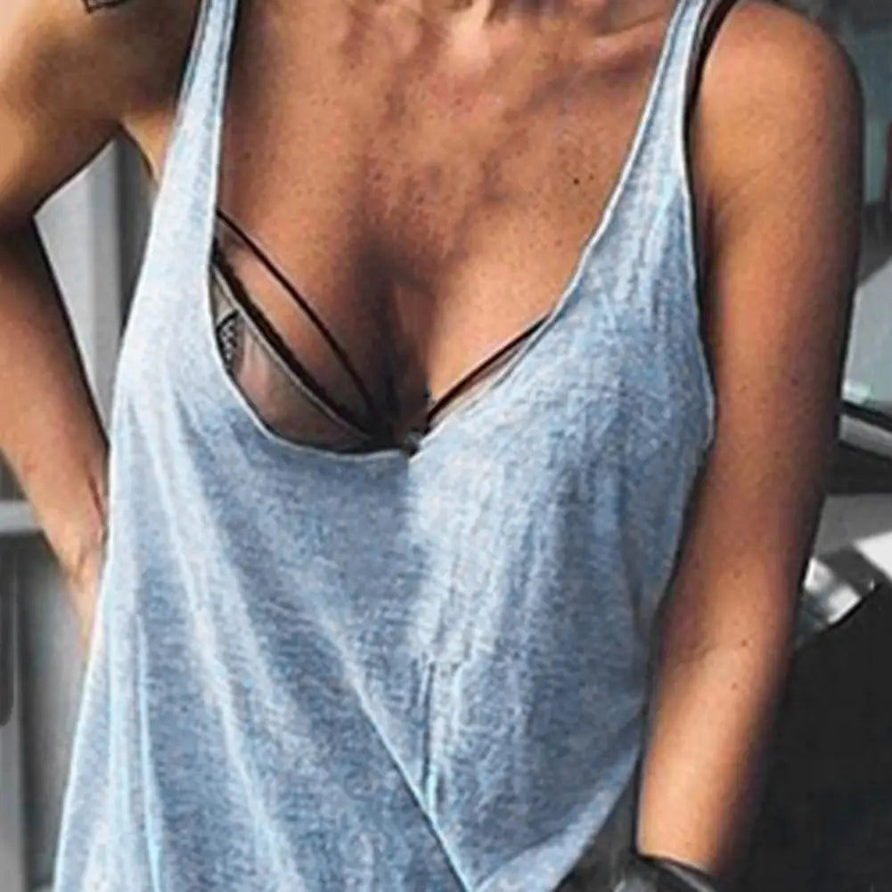 Lady Casual Solid Color Loose Tees U-neck Sleeveless Thin Women Vest Low Collar Stretchy Lady Summer Simple T-shirt Streetwear