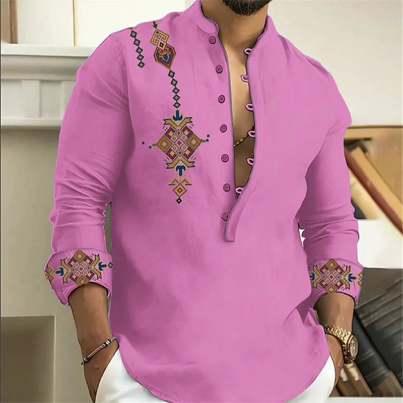 15-color men's shirt tribe pattern printing retro geometry leads outdoor street long-sleeved shirt super large size XS-6XL