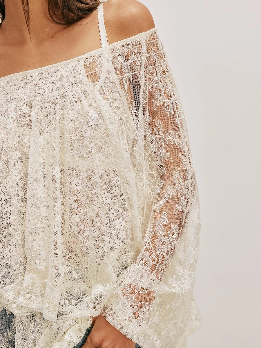 Women Sheer Lace Long Sleeve Tops Off Shoulder Lantern Sleeves Tiered Lace Solid Color See Through Tee Shirts