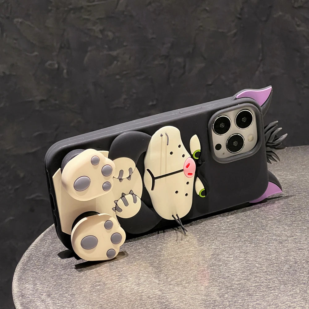 3D Telescopic Holder Phone Case, iPhone 11, 12, 13, 14, 15 16Pro Max, Soft Silicone, Back Cover, Skin Shell, Cute Cartoon Animal