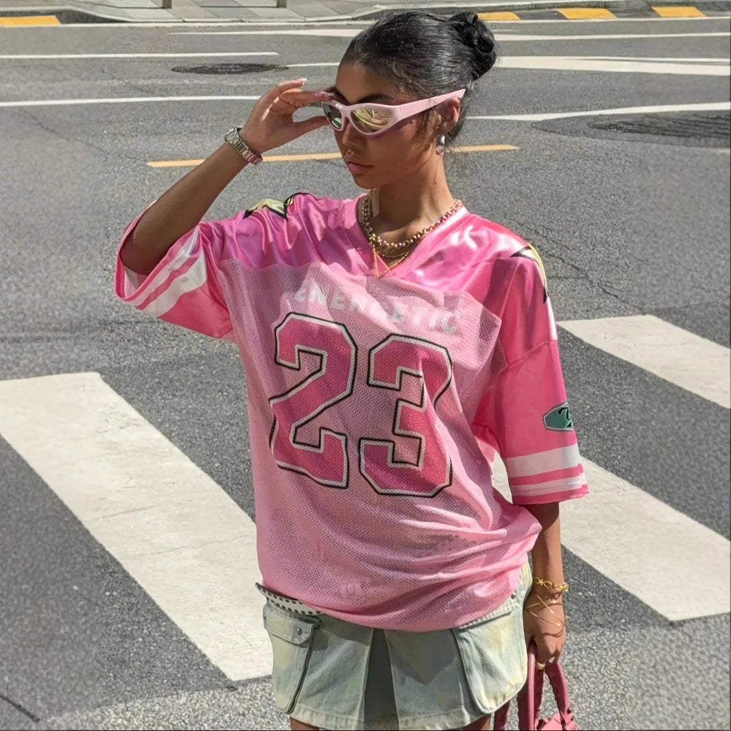 Lady Pink European and American Fashionable Loose Casual Street Printed Sportswear Tops Summer Girl Style Short Sleeved T-shirt