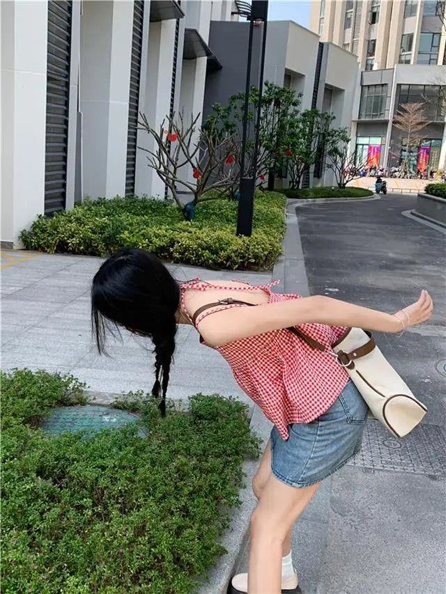 Red Plaid Camisole Women Backless Hotsweet Bandage All-match Loose College Personality Chic Summer Korean Style Fashion Ulzzang