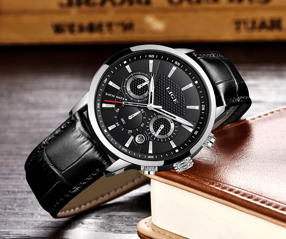 LIGE Watches Men 2024 Top Brand Luxury Casual Leather Quartz Men Watch Man Business Clock Male Sport Waterproof Date Chronograph