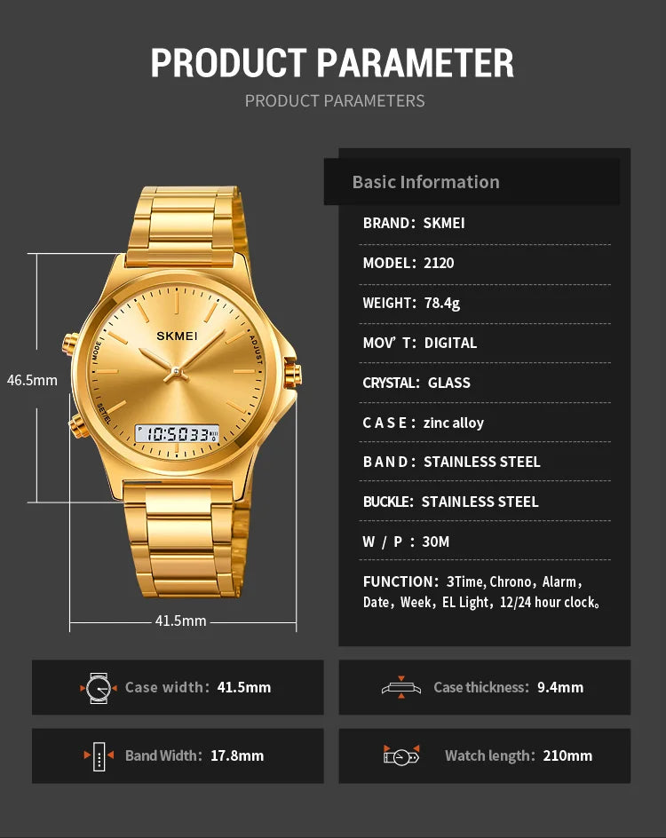 SKMEI Full Steel 3 Time Back Light Display Digital Chrono Sport Watches Mens Waterproof Alarm Wristwatches Clock reloj hombre