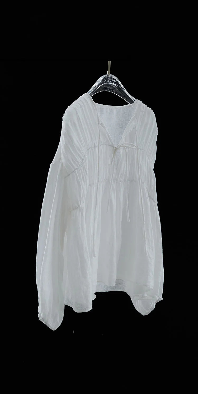 Komiyama  O Neck Lace Up Shirts Blouses Vintage Elegant Pleated Blusas Mujer Spring Clothes Women Japan Fashion Shirt Tops