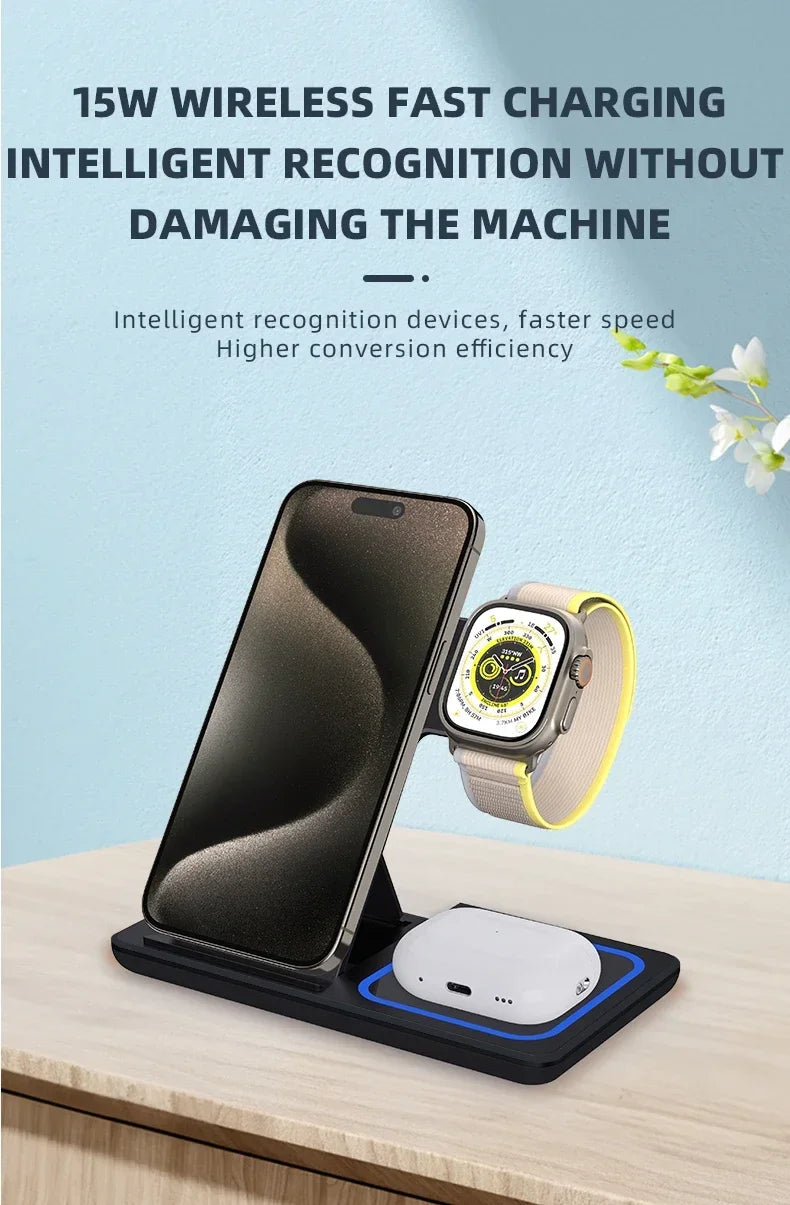 3 in 1 Wireless Charger Stand  For iPhone 16 15 14 13 12 11 X  iWatch 8 7 6  Airpods Pro 30W Foldable Fast Charging Dock Station